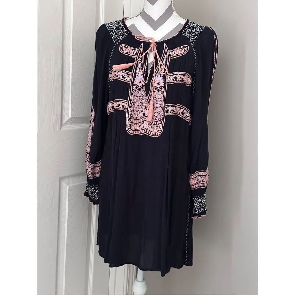 Free People Wind Willow Embroidered Boho Mini Dress